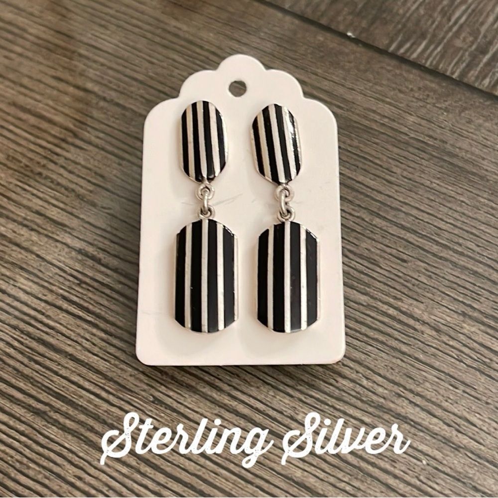 Vintage Onyx Striped Sterling Silver Dangle Earrings